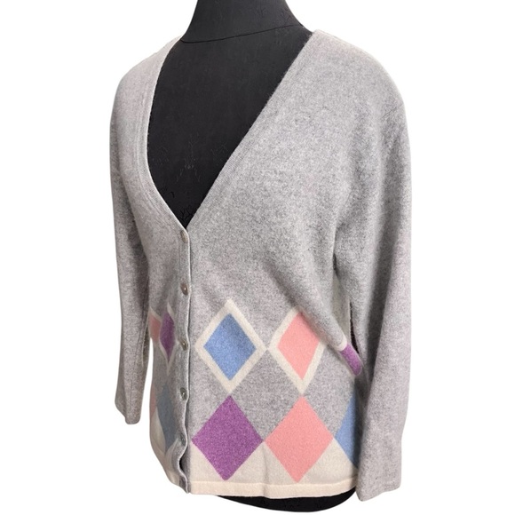 El Daws Cashmere Gray Argyle Button-Up Women's Sweater Size Medium - Picture 2 of 9